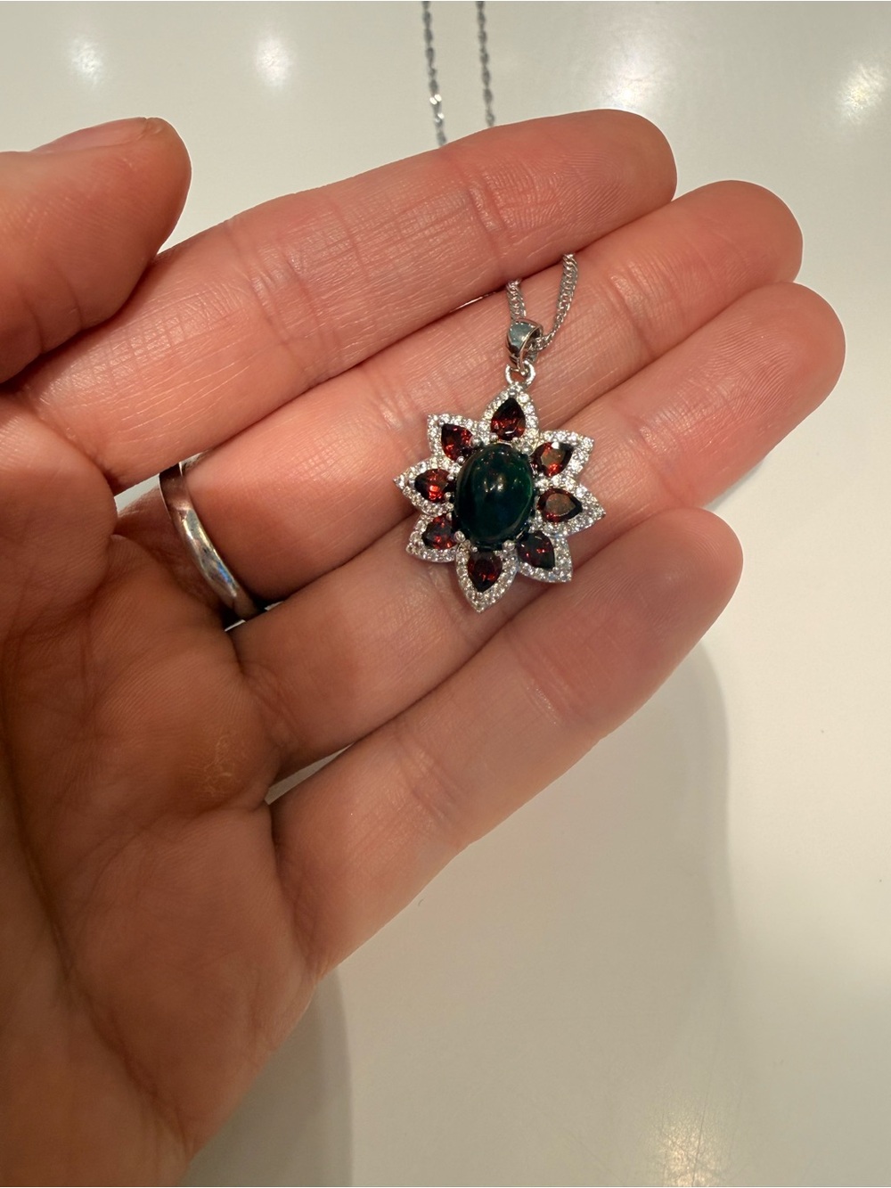 Sterling Silver Green and Red Floral Pendant Necklace